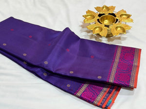 Violetish blue with Pink Handwoven Pure Zariless Small Borders with Buttas Soft Kanchipuram Saree Beauty