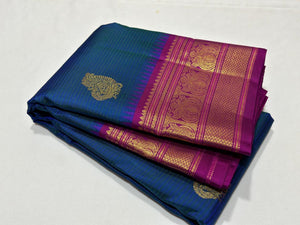 Peacock Blue with Purple Korvai with Buttas and Temples Handwoven Pure Jari Kanjivaram Silk Saree Beauty