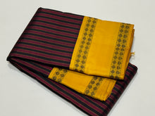Mohanam-Gorgeous Handwoven Pure Korvai Zero Zari  Kanjivaram Silk Saree with beautiful maroon and black vertically striped body with rettapet rudrakshas woven beautiful mustard yellow borders gorgeous seer pallu and contrast woven blouse