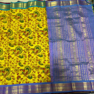 Lemon Yellow with Ganga Jamuna Borders Handwoven Pure Korvai Kanjivaram Silkcotton Handblock Printed Beauty