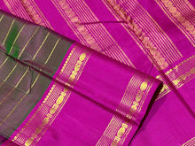Sahana- Gorgeous Dual tone Manthulir with Golden Mustard and Rani Pink Ganga Jamuna Rettapet  Borders  Handwoven Pure Jari Kanjivaram Silks with Neliveldhari striped body with rich buttas woven beautiful pallu and contrast pink blouse.