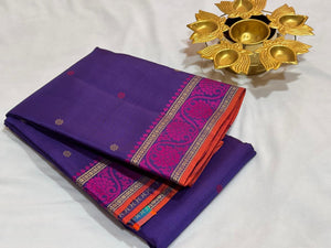 Violetish blue with Pink Handwoven Pure Zariless Small Borders with Buttas Soft Kanchipuram Saree Beauty