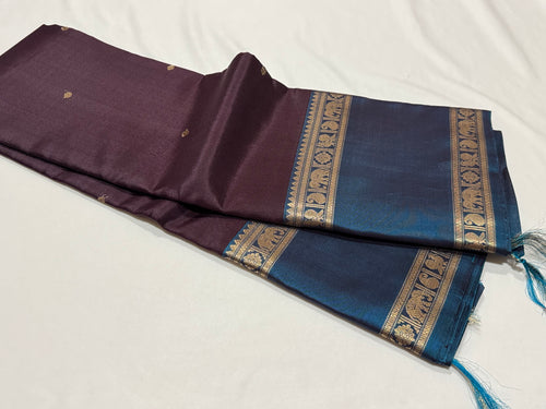 Deep Beetlenut Brown with Teal Blue Buttas with Doublepet Borders Handwoven Pure Jari Kanchipuram Silk Saree with Single Peacock Pallu Beauty