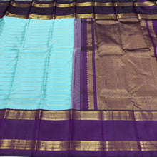 Vaibhogam- Mesmerizing Powder Blue with Deep Purple HandwovenPure jari Korvai Kanjivaram Silk with Jari Veldhari Stripes woven beautiful body with rettapet borders with stunning rich and finely woven pallu and contrast zari striped beautiful blouse