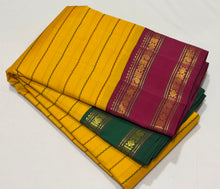 Vaibhogam- Gorgeous Yellow with Green and Arakku Red Ganga Jamuna Bordered Handwoven Pure Jari Korvai Kanjivaram Silk with neliveldhari woven beautiful body with rich rettapet borders gorgeous seer pallu and contrast woven blouse