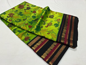 Parrot Green with Black Pure  Handwoven Korvai Kanjivaram Pichwai Block Printed Silkcotton Saree