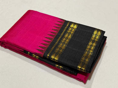 Deep Pink with Black Handwoven Pure Jari Korvai with Rettapet Fish Border Kanjivaram Silk Saree temple borders beauty