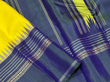 Stunning Lemon Yellow with Deep Peacock Blue Handwoven Pure Korvai Zariless Kanjivaram Silk Saree with temples woven borders classy pallu and contrast woven blouse