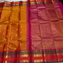 Sahana- Super Gorgeous Beautiful Simha Color (dual tone orange shot mustard shade) with Rich Pink Handwoven Pure Kanjivaram Silk with Mayil Chakram Buttas woven body with beautiful borders rich pallu and contrast woven blouse