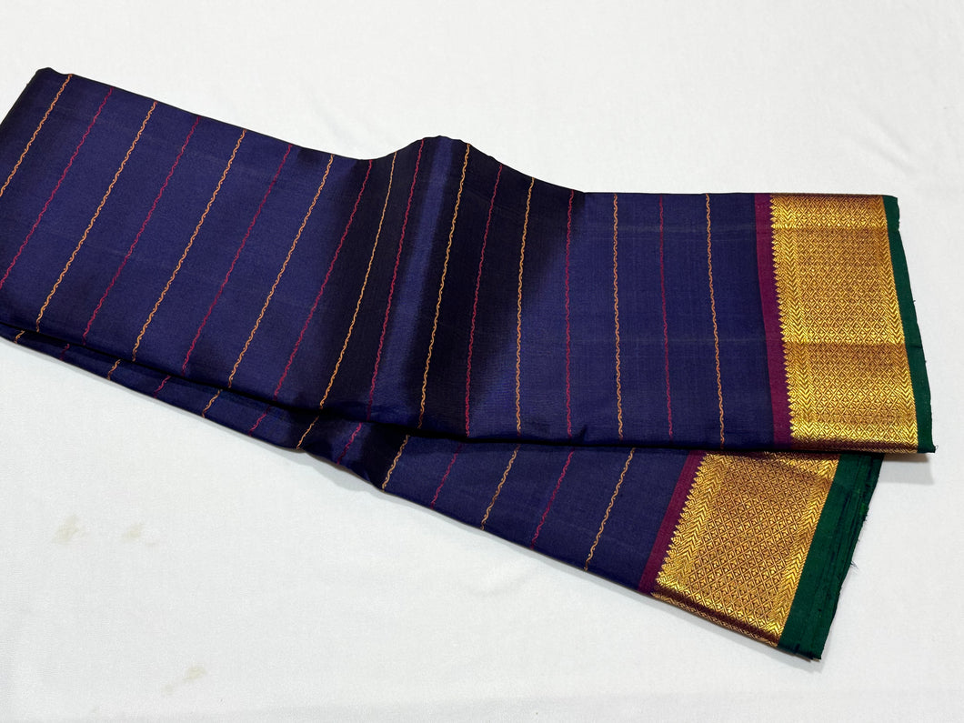 Navy Blue with Dual tone Purplish Magenta Neli Beldhari Weave Handwoven Pure Jari Kanjivaram Silk Saree Beauty