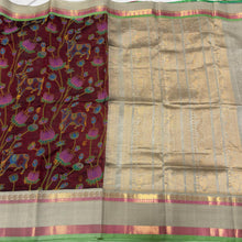 Deep Maroon with Elaichi Shade Handwoven Pure Korvai Kanjivaram Silkcotton with Hand Pichwai Block Printed Beauty