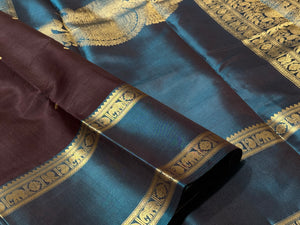 Deep Beetlenut Brown with Teal Blue Buttas with Doublepet Borders Handwoven Pure Jari Kanchipuram Silk Saree with Single Peacock Pallu Beauty