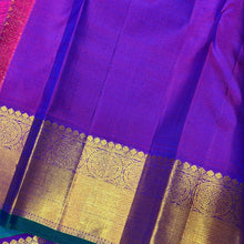 Sahana- Beautiful Peacock Bluish Green with Purple Handwoven Pure Kanjivaram Silk with chakram and thilagam buttas woven body with rich borders beautiful pallu and contrast woven blouse