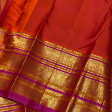 Vaibhogam- Gorgeous Bottle Green with Orange Handwoven Pure Jari Korvai Kanjivaram Silk with beautiful buttas woven body with rich varisaipet borders beautiful pallu and contrast woven blouse with Pink  selvedges