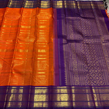 Vaibhogam- Stunning Orange with Purple Handwoven Pure Zari Korvai Kanjivaram Silk with Jari Veldhari woven body with beautiful Varisaipet borders rich pallu and contrast woven blouse