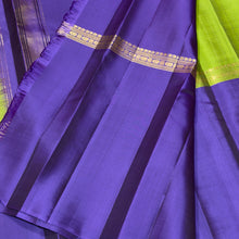 Sahana- Gorgeous Green wjth Purple and Rust Mubbagam Style Handwoven Pure Kanjivaram Silk with beautiful classic borders pallet and contrast woven blouse