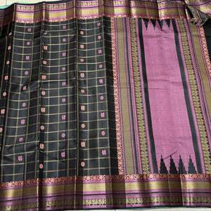Black with Pink 1000 Buttas Checked Handwoven Pure Zariless Soft Kanjivaram Silk Saree Beauty