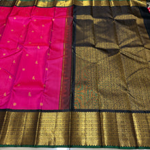 Vaibhogam- Stunning Bright Pink with Black Handwoven Pure Jari Korvai Kanjivaram Silk with beautiful bird motifs woven body with rich borders pallu and contrast woven black blouse