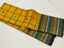Saraswati- Beautiful Yellow with Deep Blackish Brown Premium Zariless Korvai Handwoven Pure Kanjivaram Silk with neli veldhari checked body with mango and chakram buttas woven with rich varisaipet borders beautiful pallu and contrast blouse