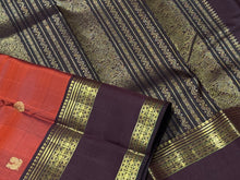 Gorgeous Rustic Orange with Coffee Brown Buttas Handwoven Pure Jari Kanjivaram Silk Saree with Beautiful Neliveldharis and Rudrakshas Woven Rettapet borders rich pallu and contrast woven blouse