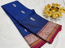 MS Blue with Deep Maroonish Red Premium Handwoven Pure Zariless Kanjivaram Silk Saree beauty with peacocks woven rich pallu with mango motifs woven body beautiful double birds and yazhis woven borders beauty