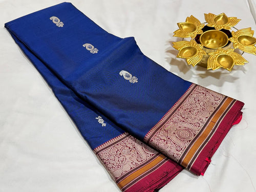 MS Blue with Deep Maroonish Red Premium Handwoven Pure Zariless Kanjivaram Silk Saree beauty with peacocks woven rich pallu with mango motifs woven body beautiful double birds and yazhis woven borders beauty