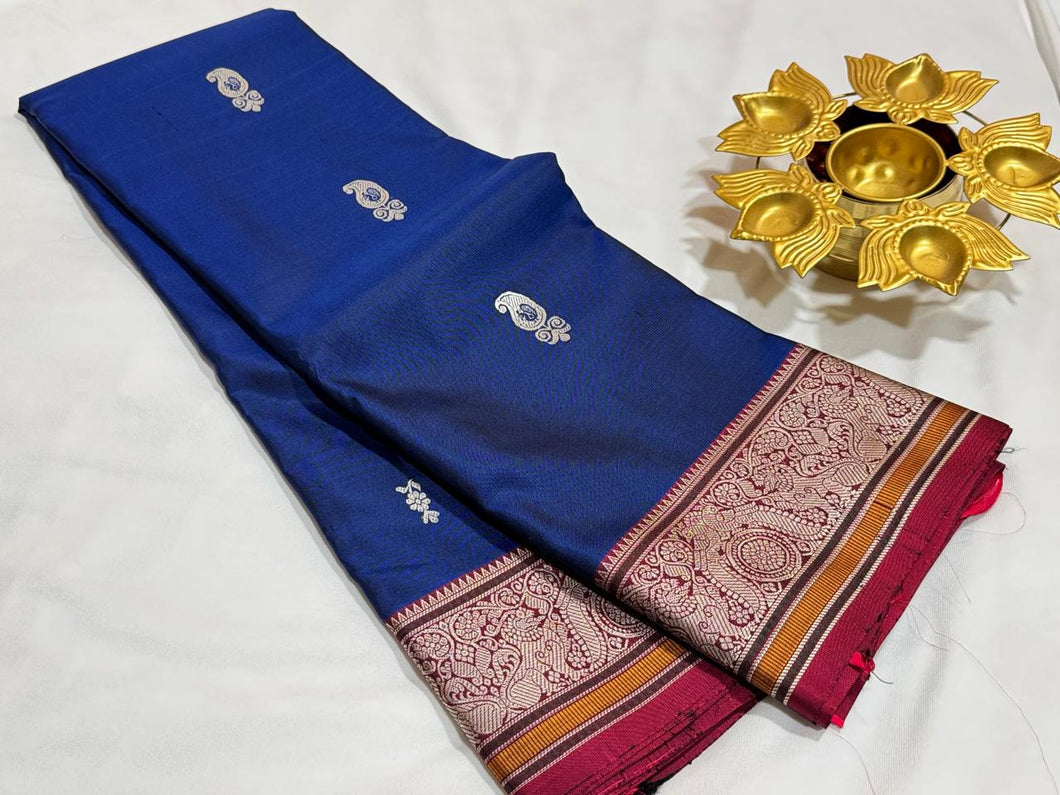 MS Blue with Deep Maroonish Red Premium Handwoven Pure Zariless Kanjivaram Silk Saree beauty with peacocks woven rich pallu with mango motifs woven body beautiful double birds and yazhis woven borders beauty