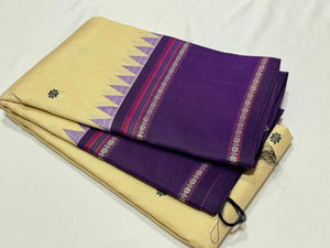 Offwhite with Deep Purple Buttas Handwoven Pure Zariless Premium Kanchipuram Silk Saree with Korvai temple borders