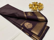 Deep Coffee Brown Handwoven Pure Jari Kanjivaram Silk Saree with Gandaberundas and Yazhis woven borders kottadi Jari checked body beauty