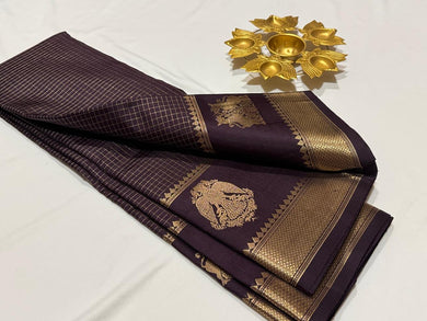 Deep Coffee Brown Handwoven Pure Jari Kanjivaram Silk Saree with Gandaberundas and Yazhis woven borders kottadi Jari checked body beauty
