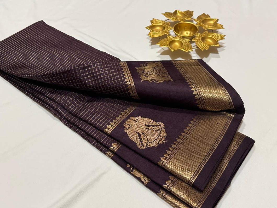 Deep Coffee Brown Handwoven Pure Jari Kanjivaram Silk Saree with Gandaberundas and Yazhis woven borders kottadi Jari checked body beauty