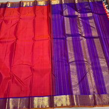 Dual tone Orange with Purple Handwoven Pure Jari Kanjivaram Silk Saree with rich borders pallu and contrast woven blouse