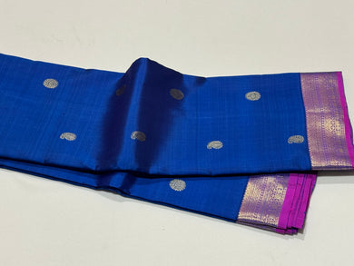Beautiful Prussian Blue with Purple Buttas Handwoven Pure Kanjivaram Silk Saree with rich borders pallu and contrast woven blouse beauty