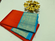 Orange with Copper Sulphate Blue Handwoven Pure Jari Korvai Kanjivaram Silk Saree Broad Borders Beauty