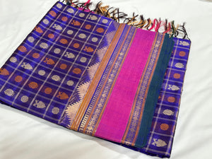 Royal Blue Pink 1000 Buttas in Gandaberundas Mayil Chakram motifs Handwoven Premium Kanjivaram Silkcotton Saree Beauty
