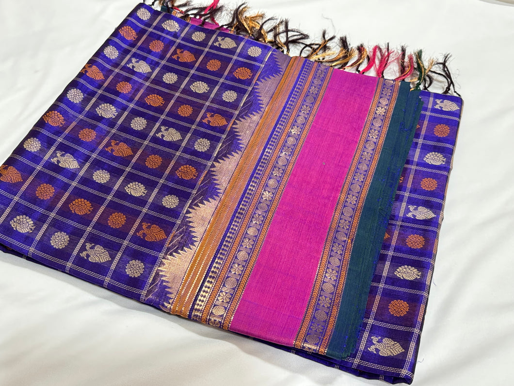 Royal Blue Pink 1000 Buttas in Gandaberundas Mayil Chakram motifs Handwoven Premium Kanjivaram Silkcotton Saree Beauty