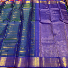 Vaibhogam- Peacock Greenish Blue with Deep Violetish Blue Handwoven Pure 2g Jari Veldhari Striped Kanjivaram Silk with beautiful borders rich pallu and contrast Jari Striped beautiful blouse