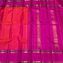 Double tone Orange with Pink with Mallimoggu Buttas and Doublepet Borders in a Handwoven Pure Kanjivaram Silk Saree Beauty