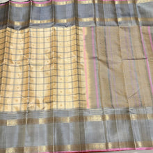 Ivory Cream with Grey Handwoven Pure Zariless 1000 Buttas Style Checked Soft Kanjivaram Silk Saree with Doublepet rudrakshas borders beauty