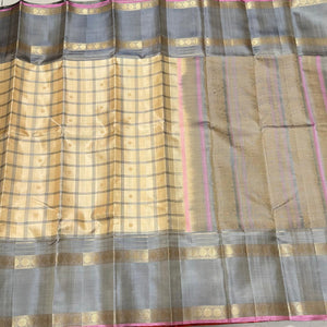 Ivory Cream with Grey Handwoven Pure Zariless 1000 Buttas Style Checked Soft Kanjivaram Silk Saree with Doublepet rudrakshas borders beauty