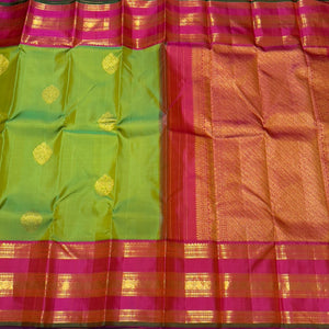 Sneha Green with Dual shade Orange Handwoven Pure Jari Korvai with Buttas Kanjivaram Silk Saree Broad Varisaipet Borders Beauty