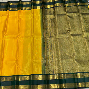 Sunshine Yellow with Sapphire Green Vairaoosi with Rettapet Borders Handwoven Pure Jari Korvai Kanjivaram Silk Saree Beauty