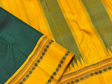 Premium Zariless Weave- Bottle Green with Yellow Handwoven Pure Zariless Korvai Kanjivaram Silk with Rudrakshaper Borders classic rekku pallu and contrast woven blouse beauty
