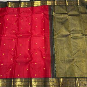 Red with Bottle Green Buttas Korvai Handwoven Pure Jari Kanjivaram Silk Saree Beauty