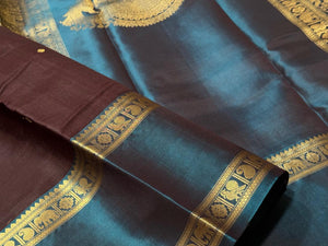 Deep Coffee Brown with Teal Blue Body Buttas with Doublepet Borders Peacock Woven Pallu Handwoven Pure Kanjivaram Silk Saree Beauty