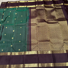 Dark Bottle Green with Coffee Brown Handwoven Pure Jari Buttas Kanjivaram with Doublepet borders rich pallu and contrast woven borders beauty