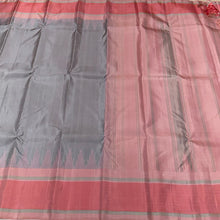 Saraswati-Premium Zariless- Gorgeous Zariless Pure Korvai Kanjivaram Silk with temple borders in a beautiful Grey with Peachish Pink combination with checked body!