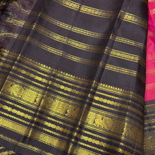 Vaibhogam- Stunning Tomato Reddish Pink with Coffee Brown Handwoven Pure Zari Korvai Kanjivaram Silk with Jari Beldhari Woven Beautiful Body with rich varisaipet borders gorgeous seer rich jari pallu and contrast veldhari striped blouse