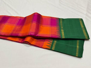 Palum Pazhamum Multicolored Checks with Green Handwoven Pure Jari Korvai Kanjivaram Silk Saree