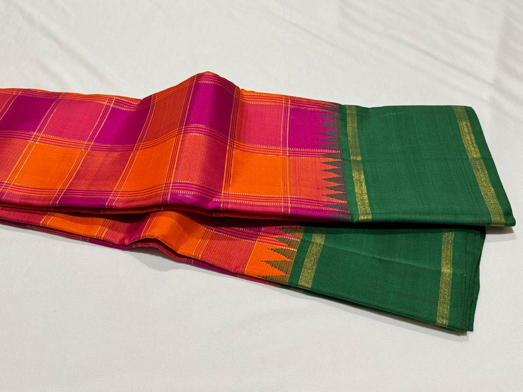 Palum Pazhamum Multicolored Checks with Green Handwoven Pure Jari Korvai Kanjivaram Silk Saree